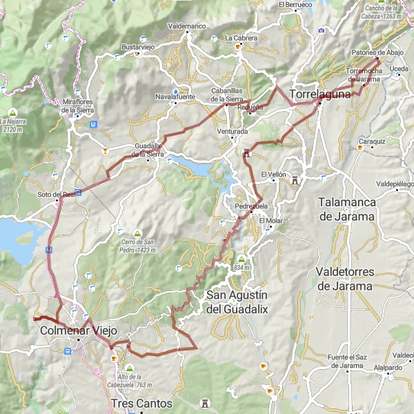 Miniatura mapy "Trasa rowerowa Uceda - Torremocha de Jarama - Atalaya de Venturada - Colmenar Viejo - Soto del Real - Cabanillas de la Sierra - Chifladero - Cerrilo de Zumacar - Patones de Abajo" - trasy rowerowej w Castilla-La Mancha, Spain. Wygenerowane przez planer tras rowerowych Tarmacs.app