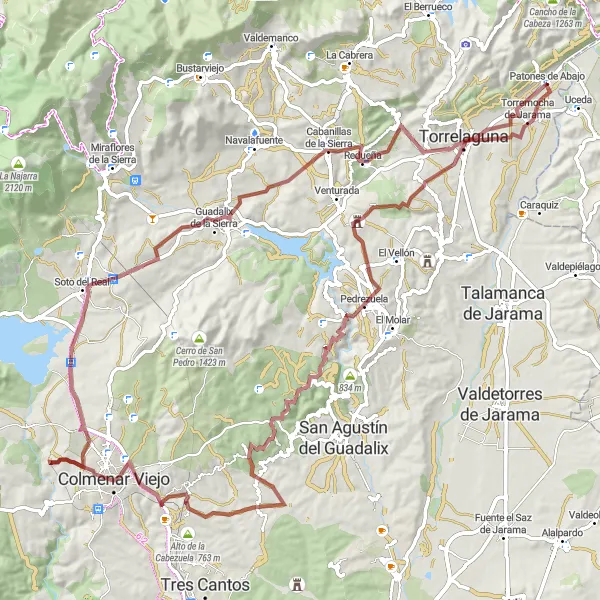 Miniatuurkaart van de fietsinspiratie "Gravelroute van Torremocha de Jarama naar Chifladero en Patones de Abajo" in Castilla-La Mancha, Spain. Gemaakt door de Tarmacs.app fietsrouteplanner