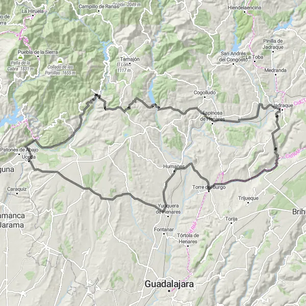 Map miniature of "Uceda to Puebla de Valles Loop" cycling inspiration in Castilla-La Mancha, Spain. Generated by Tarmacs.app cycling route planner