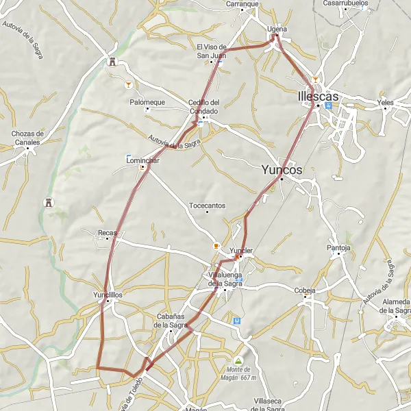 Miniatua del mapa de inspiración ciclista "Ruta de grava desde Ugena" en Castilla-La Mancha, Spain. Generado por Tarmacs.app planificador de rutas ciclistas