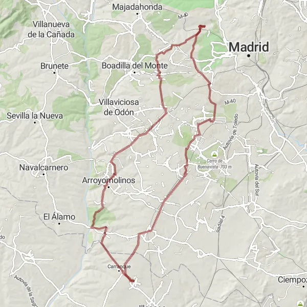 Miniatura mapy "Wyprawa w terenie szutrowym do Arroyomolinos" - trasy rowerowej w Castilla-La Mancha, Spain. Wygenerowane przez planer tras rowerowych Tarmacs.app