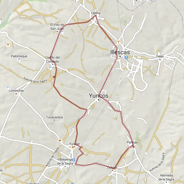 Map miniature of "Scenic Gravel Route near Ugena" cycling inspiration in Castilla-La Mancha, Spain. Generated by Tarmacs.app cycling route planner