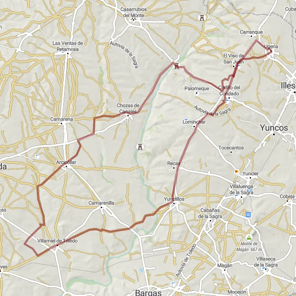 Map miniature of "El Viso de San Juan - Villamiel de Toledo Gravel Ride" cycling inspiration in Castilla-La Mancha, Spain. Generated by Tarmacs.app cycling route planner