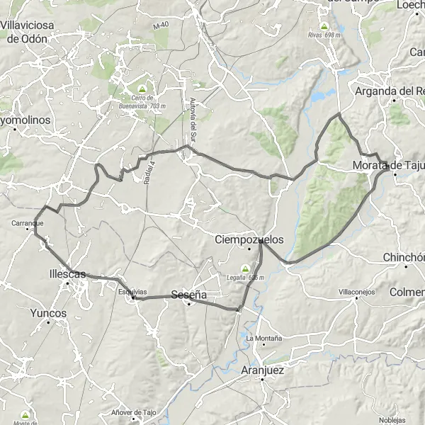 Miniatua del mapa de inspiración ciclista "Ruta en bicicleta de carretera desde Ugena" en Castilla-La Mancha, Spain. Generado por Tarmacs.app planificador de rutas ciclistas