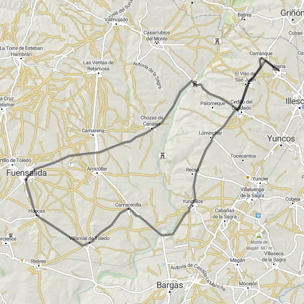 Miniatuurkaart van de fietsinspiratie "Schilderachtige weg fietsroute vanuit Ugena" in Castilla-La Mancha, Spain. Gemaakt door de Tarmacs.app fietsrouteplanner