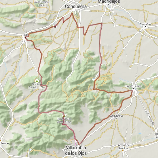 Map miniature of "Urda to Puerto de Los Santos Gravel Exploration" cycling inspiration in Castilla-La Mancha, Spain. Generated by Tarmacs.app cycling route planner