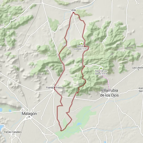 Map miniature of "Gravel Adventure near Urda" cycling inspiration in Castilla-La Mancha, Spain. Generated by Tarmacs.app cycling route planner