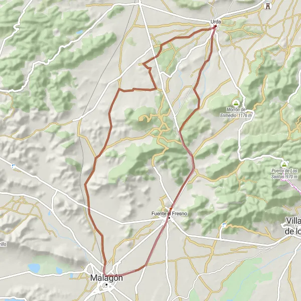Map miniature of "Urda to Fuente el Fresno Loop" cycling inspiration in Castilla-La Mancha, Spain. Generated by Tarmacs.app cycling route planner