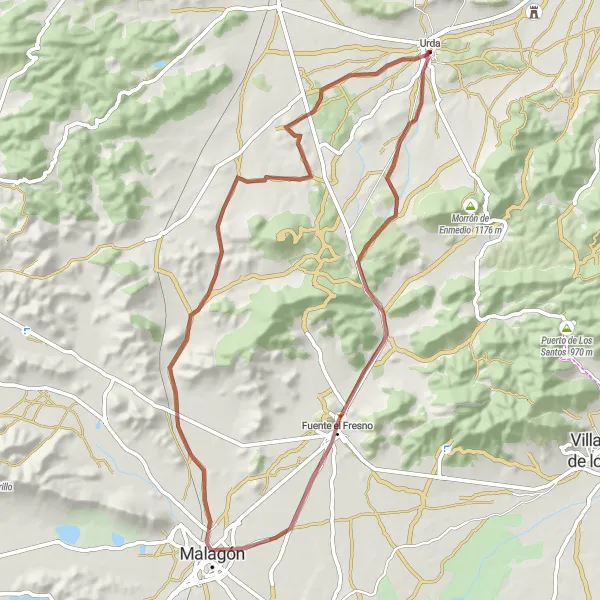 Miniatuurkaart van de fietsinspiratie "Scenic fietsroute door Fuente el Fresno en Malagón" in Castilla-La Mancha, Spain. Gemaakt door de Tarmacs.app fietsrouteplanner