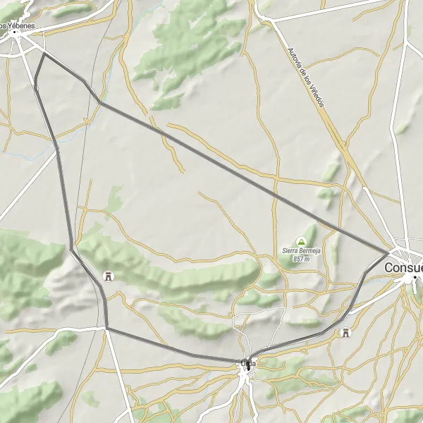 Map miniature of "Urda to Guadalerzas Castle and Roman Dam" cycling inspiration in Castilla-La Mancha, Spain. Generated by Tarmacs.app cycling route planner