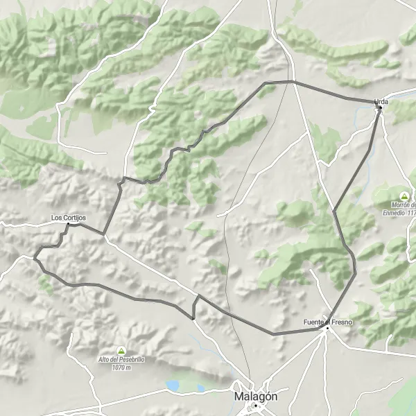 Miniatura mapy "Wycieczka rowerowa z Los Cortijos do Urda" - trasy rowerowej w Castilla-La Mancha, Spain. Wygenerowane przez planer tras rowerowych Tarmacs.app