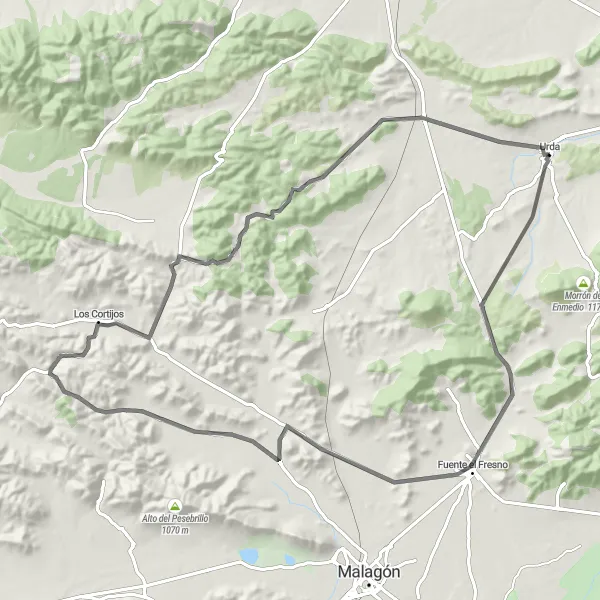 Map miniature of "Urda to Los Cortijos Scenic Road Ride" cycling inspiration in Castilla-La Mancha, Spain. Generated by Tarmacs.app cycling route planner