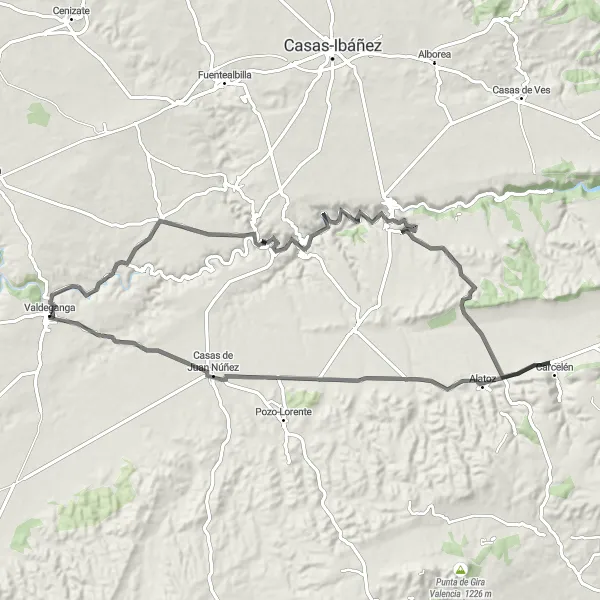 Miniaturekort af cykelinspirationen "Landevej gennem Alcalá del Júcar og Casas de Juan Núñez" i Castilla-La Mancha, Spain. Genereret af Tarmacs.app cykelruteplanlægger
