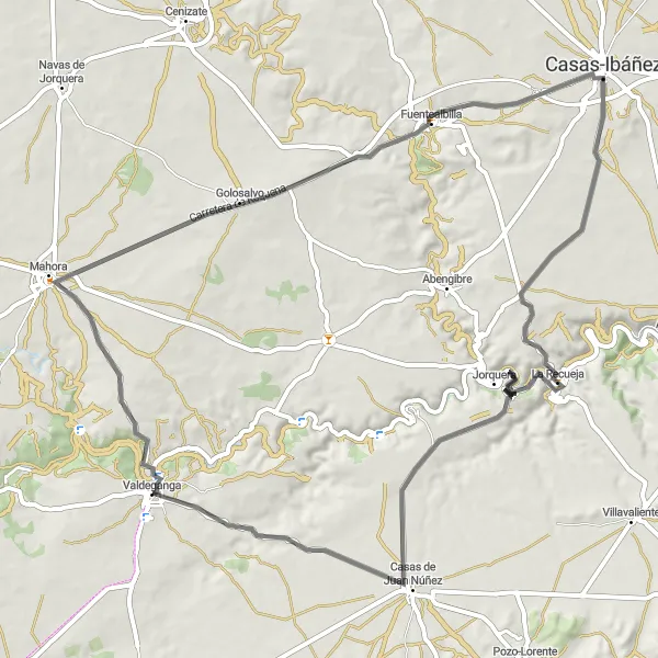 Miniatua del mapa de inspiración ciclista "Ruta Escénica por Fuentealbilla y Serradiel" en Castilla-La Mancha, Spain. Generado por Tarmacs.app planificador de rutas ciclistas