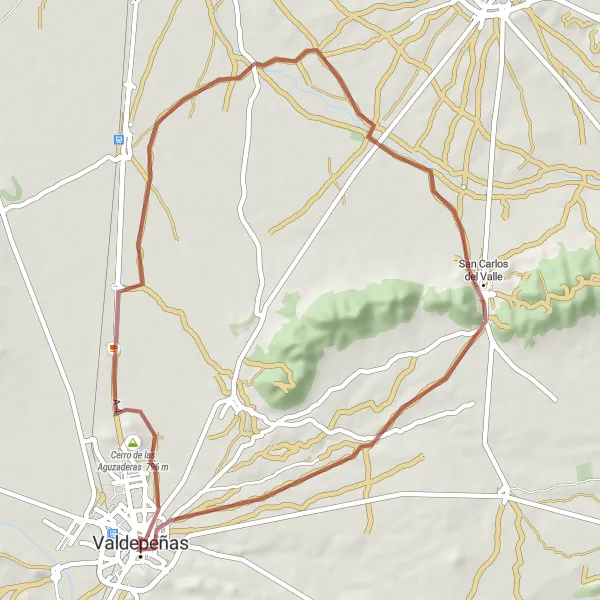 Miniatuurkaart van de fietsinspiratie "Gravel fietsroute richting Valdepeñas" in Castilla-La Mancha, Spain. Gemaakt door de Tarmacs.app fietsrouteplanner