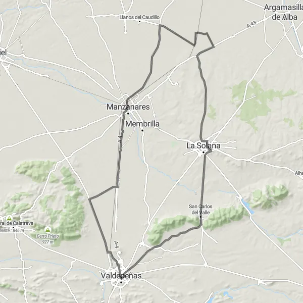 Map miniature of "Valdepeñas and Exploration" cycling inspiration in Castilla-La Mancha, Spain. Generated by Tarmacs.app cycling route planner