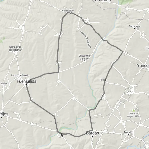 Map miniature of "Huecas Hill Challenge" cycling inspiration in Castilla-La Mancha, Spain. Generated by Tarmacs.app cycling route planner