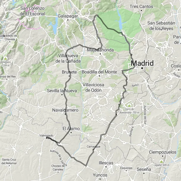 Miniatua del mapa de inspiración ciclista "Ruta de Carretera Castillo de Casarrubios del Monte - Navalcarnero - Villanueva de la Cañada - Villanueva del Pardillo - Los Peñascales - El Pardo - Valpalomero Vista Noroeste - Teleférico de Madrid - Tornado - La Fortuna - Griñón - Castillo de Olmos" en Castilla-La Mancha, Spain. Generado por Tarmacs.app planificador de rutas ciclistas