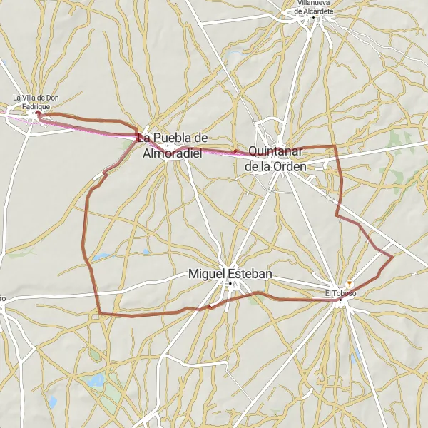 Miniatua del mapa de inspiración ciclista "Ruta en bicicleta de grava desde Villa de Don Fadrique a El Toboso" en Castilla-La Mancha, Spain. Generado por Tarmacs.app planificador de rutas ciclistas