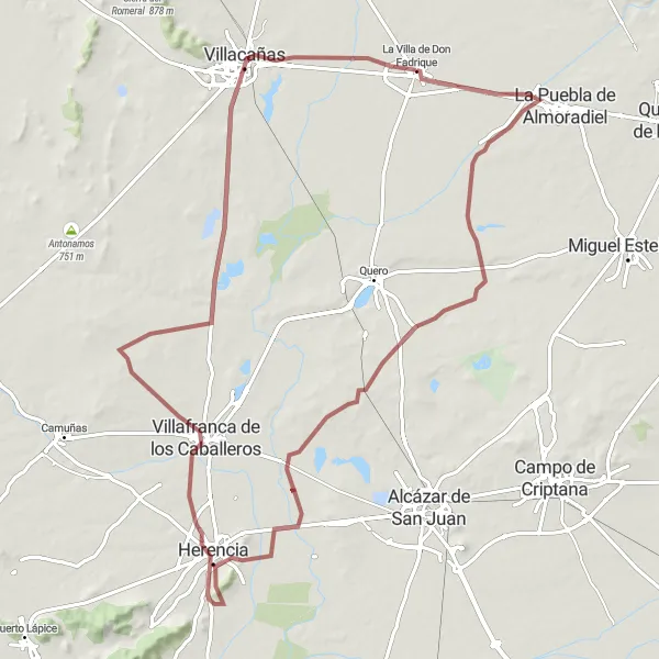 Map miniature of "The Gravel Challenge" cycling inspiration in Castilla-La Mancha, Spain. Generated by Tarmacs.app cycling route planner