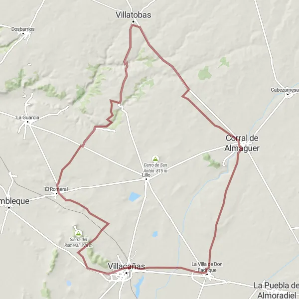 Miniatuurkaart van de fietsinspiratie "Gravelroute vanuit Villacañas via Sierra de Mina Cabila en Corral de Almaguer" in Castilla-La Mancha, Spain. Gemaakt door de Tarmacs.app fietsrouteplanner