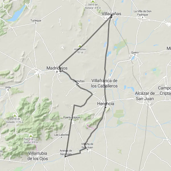 Map miniature of "Villacañas - Villafranca de los Caballeros - Villarta de San Juan - Puerto Lápice - Quemadilla" cycling inspiration in Castilla-La Mancha, Spain. Generated by Tarmacs.app cycling route planner