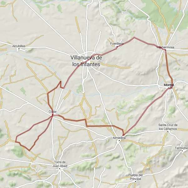Miniatura mapy "Przejażdżka gravelowa: Villahermosa do Castillo de Montiel" - trasy rowerowej w Castilla-La Mancha, Spain. Wygenerowane przez planer tras rowerowych Tarmacs.app
