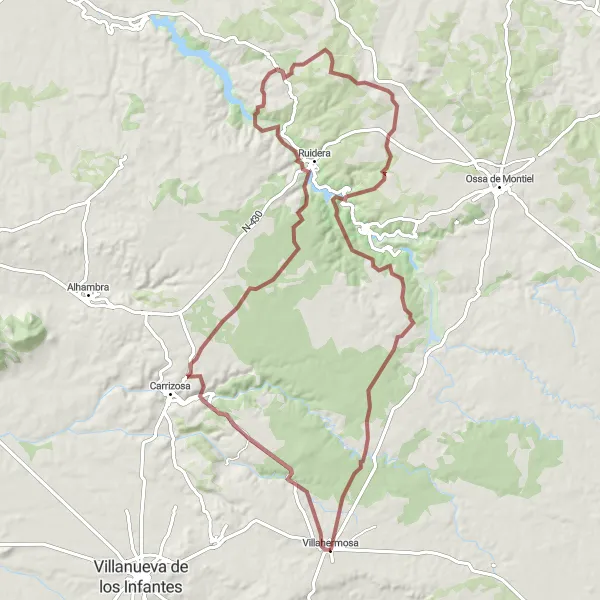 Miniatura mapy "Przejażdżka gravelowa: Villahermosa i Lagunas de Ruidera" - trasy rowerowej w Castilla-La Mancha, Spain. Wygenerowane przez planer tras rowerowych Tarmacs.app