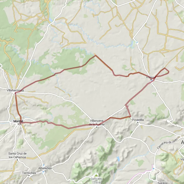 Map miniature of "Loop Road Cycling Route from Villahermosa to Castillo de Montiel" cycling inspiration in Castilla-La Mancha, Spain. Generated by Tarmacs.app cycling route planner