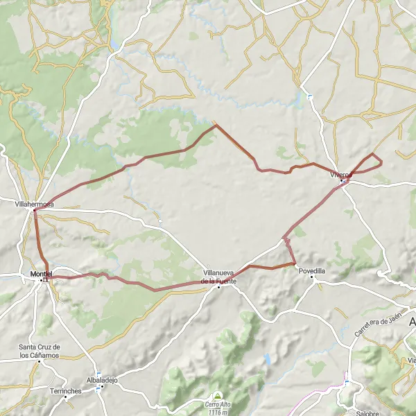 Miniatuurkaart van de fietsinspiratie "Gravelroute door het platteland rondom Villanueva de la Fuente" in Castilla-La Mancha, Spain. Gemaakt door de Tarmacs.app fietsrouteplanner