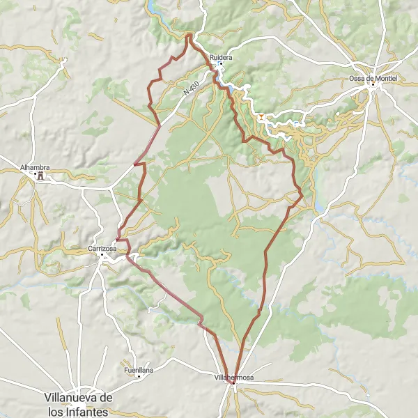 Miniatura mapy "Trasa gravelowa wokół Villahermosy" - trasy rowerowej w Castilla-La Mancha, Spain. Wygenerowane przez planer tras rowerowych Tarmacs.app