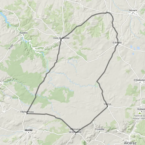 Miniatuurkaart van de fietsinspiratie "Fietsroute vanuit Villahermosa naar Villanueva de la Fuente" in Castilla-La Mancha, Spain. Gemaakt door de Tarmacs.app fietsrouteplanner