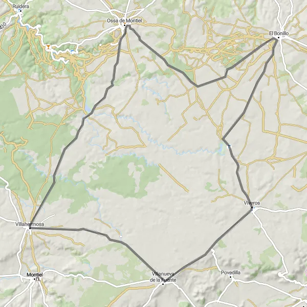 Miniatura mapy "Przejażdżka szosowa: Villahermosa do Villanueva de la Fuente" - trasy rowerowej w Castilla-La Mancha, Spain. Wygenerowane przez planer tras rowerowych Tarmacs.app
