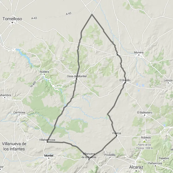 Map miniature of "Challenging Road Cycling Route via Ossa de Montiel and Villanueva de la Fuente" cycling inspiration in Castilla-La Mancha, Spain. Generated by Tarmacs.app cycling route planner