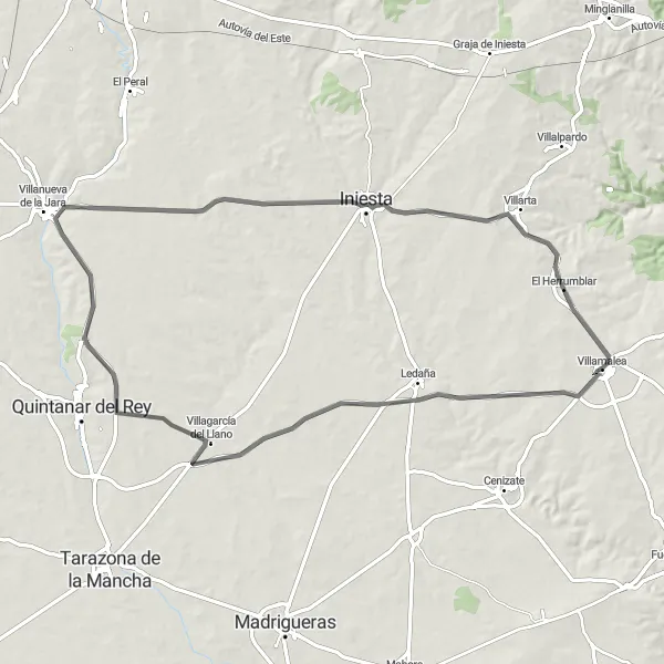 Miniaturekort af cykelinspirationen "Vejcykelrute gennem landskabet til Villamalea" i Castilla-La Mancha, Spain. Genereret af Tarmacs.app cykelruteplanlægger
