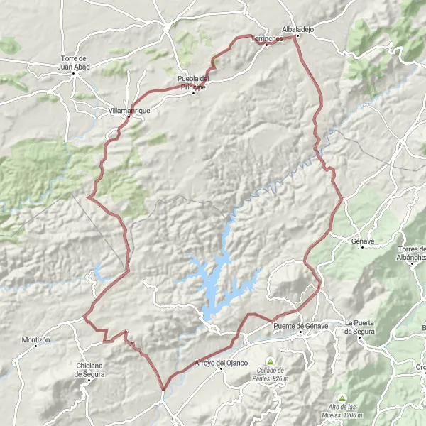 Miniatura mapy "Trasa przez Puebla del Príncipe i Terrinches" - trasy rowerowej w Castilla-La Mancha, Spain. Wygenerowane przez planer tras rowerowych Tarmacs.app