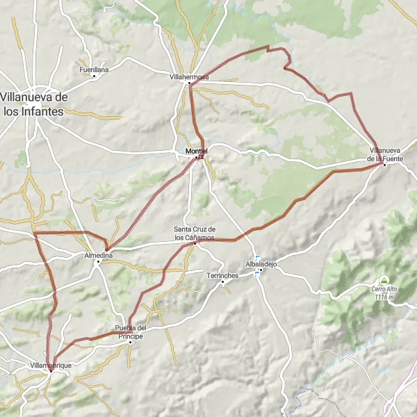 Miniatuurkaart van de fietsinspiratie "Gravel route naar Villamanrique" in Castilla-La Mancha, Spain. Gemaakt door de Tarmacs.app fietsrouteplanner