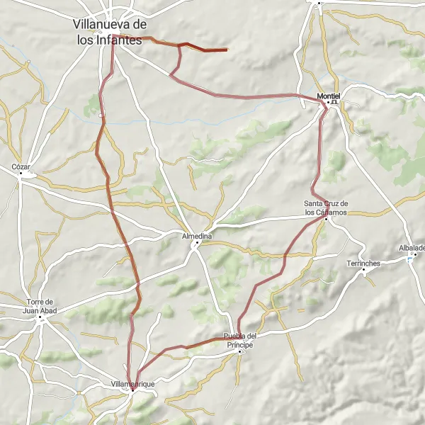 Map miniature of "Gravel Loop from Villamanrique" cycling inspiration in Castilla-La Mancha, Spain. Generated by Tarmacs.app cycling route planner