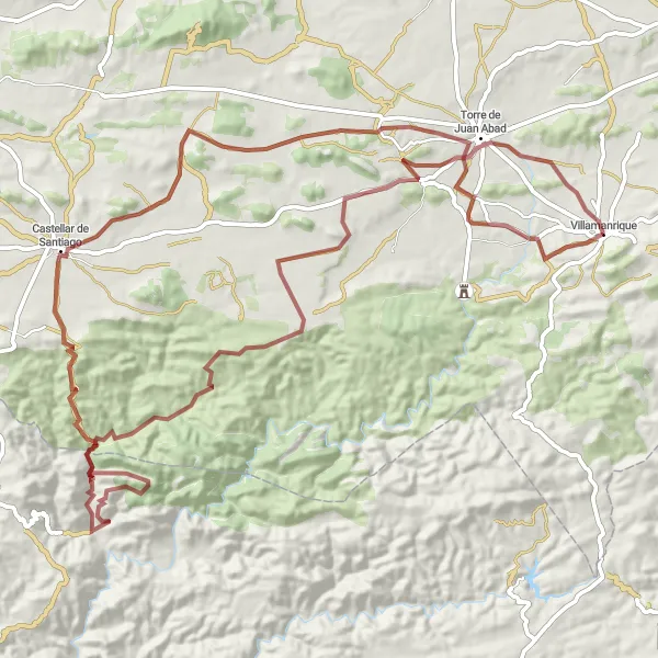 Map miniature of "Challenging Gravel Circuit from Villamanrique" cycling inspiration in Castilla-La Mancha, Spain. Generated by Tarmacs.app cycling route planner