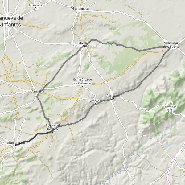 Miniatua del mapa de inspiración ciclista "Ruta de Villamanrique a Villamanrique vía Almedina y Castillo de Montiel" en Castilla-La Mancha, Spain. Generado por Tarmacs.app planificador de rutas ciclistas