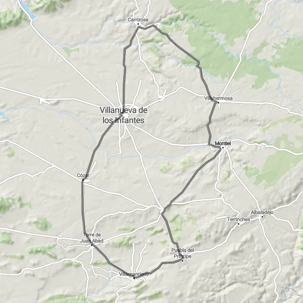 Map miniature of "Unique Route to Cózar" cycling inspiration in Castilla-La Mancha, Spain. Generated by Tarmacs.app cycling route planner