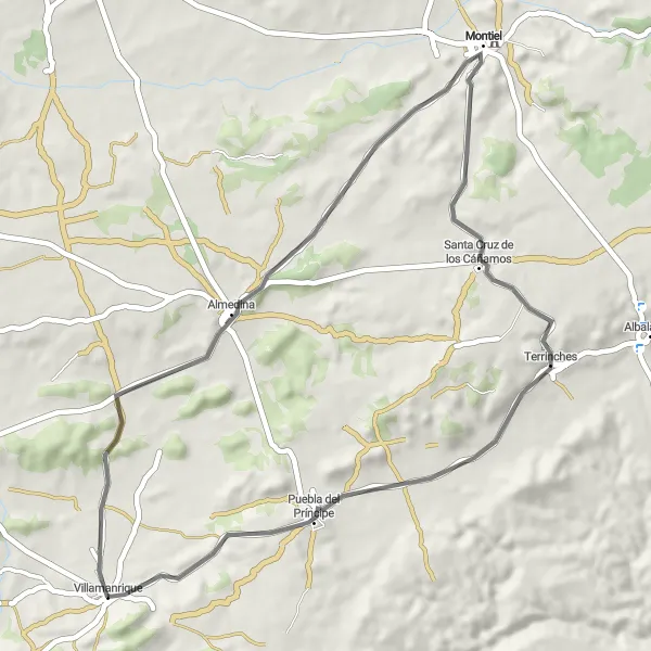 Miniatura mapy "Trasa przez Almedina i Santa Cruz de los Cáñamos" - trasy rowerowej w Castilla-La Mancha, Spain. Wygenerowane przez planer tras rowerowych Tarmacs.app