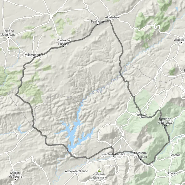 Miniatua del mapa de inspiración ciclista "Ruta del Castillo de la Yedra y Cerro de la Hermanilla Baja" en Castilla-La Mancha, Spain. Generado por Tarmacs.app planificador de rutas ciclistas