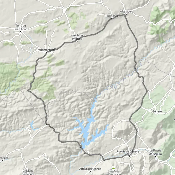 Miniatura mapy "Wyzwanie szosowe z Terrinches" - trasy rowerowej w Castilla-La Mancha, Spain. Wygenerowane przez planer tras rowerowych Tarmacs.app