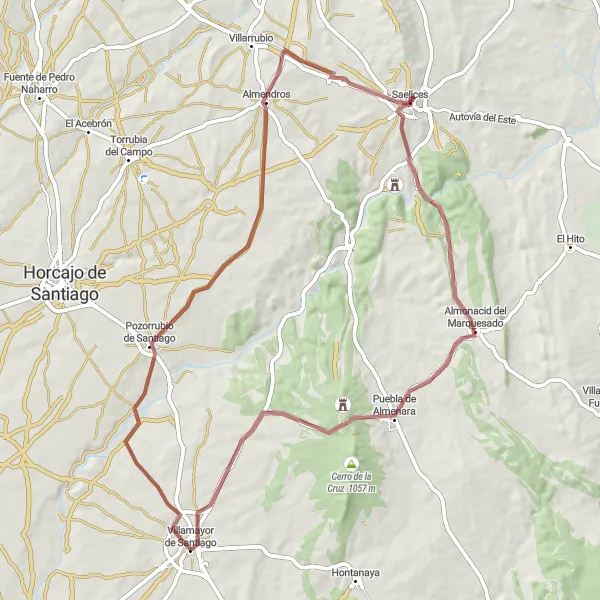 Map miniature of "Gravel Route to Almonacid del Marquesado" cycling inspiration in Castilla-La Mancha, Spain. Generated by Tarmacs.app cycling route planner