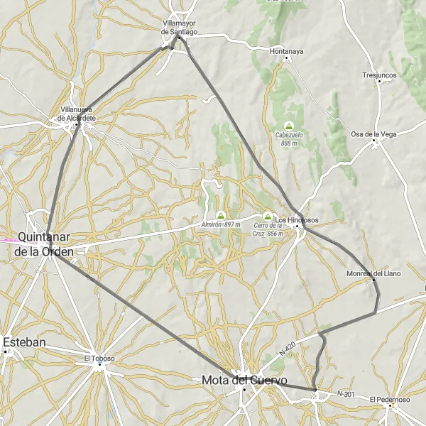 Miniatua del mapa de inspiración ciclista "Ruta en bicicleta de carretera cerca de Villamayor de Santiago" en Castilla-La Mancha, Spain. Generado por Tarmacs.app planificador de rutas ciclistas