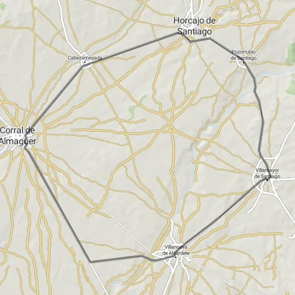 Map miniature of "Picturesque Road Route to Pozorrubio de Santiago" cycling inspiration in Castilla-La Mancha, Spain. Generated by Tarmacs.app cycling route planner