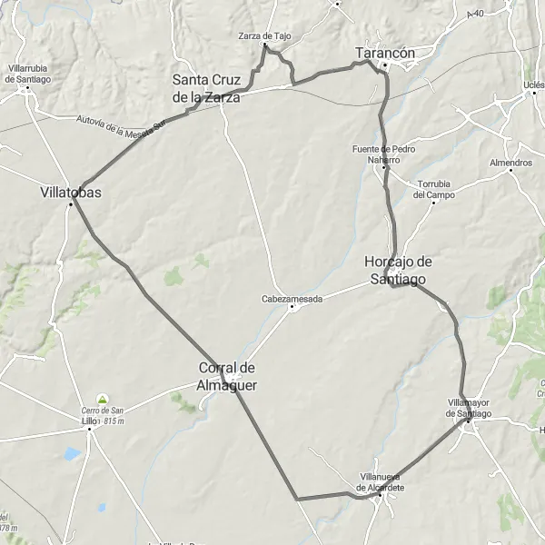 Miniatura mapy "Długie wycieczka rowerowa przez Villanueva de Alcardete, Corral de Almaguer, Villatobas, Zarza de Tajo, Fuente de Pedro Naharro i Pozorrubio de Santiago" - trasy rowerowej w Castilla-La Mancha, Spain. Wygenerowane przez planer tras rowerowych Tarmacs.app