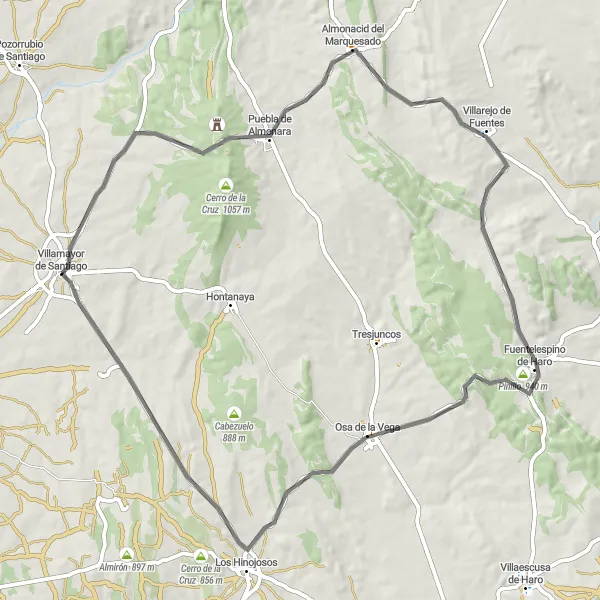 Map miniature of "Challenging Road Route to Almonacid del Marquesado" cycling inspiration in Castilla-La Mancha, Spain. Generated by Tarmacs.app cycling route planner