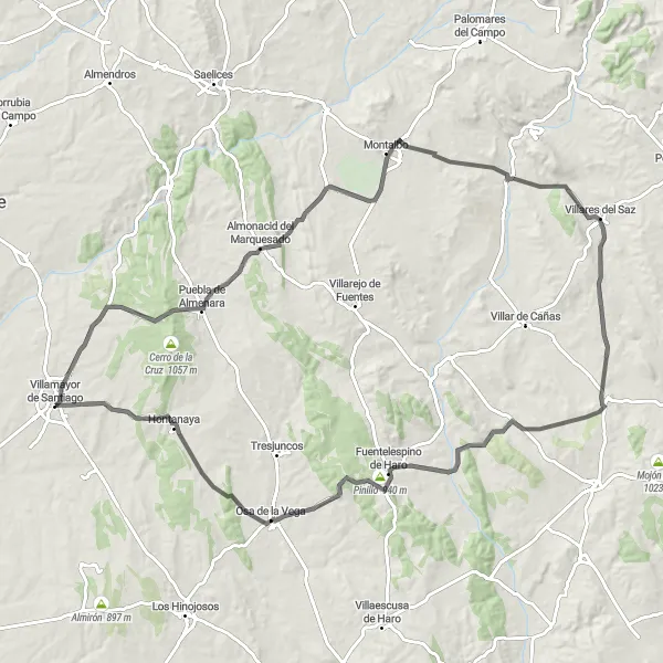 Miniatua del mapa de inspiración ciclista "Ruta en bicicleta de carretera cerca de Villamayor de Santiago" en Castilla-La Mancha, Spain. Generado por Tarmacs.app planificador de rutas ciclistas